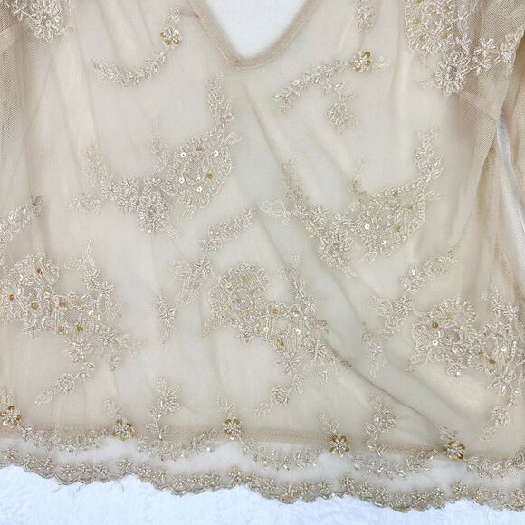 Vintage Embroidered Beaded Sheer Mesh Top Size Large Fairy Long Sleeve V-Neck - Picture 3 of 5